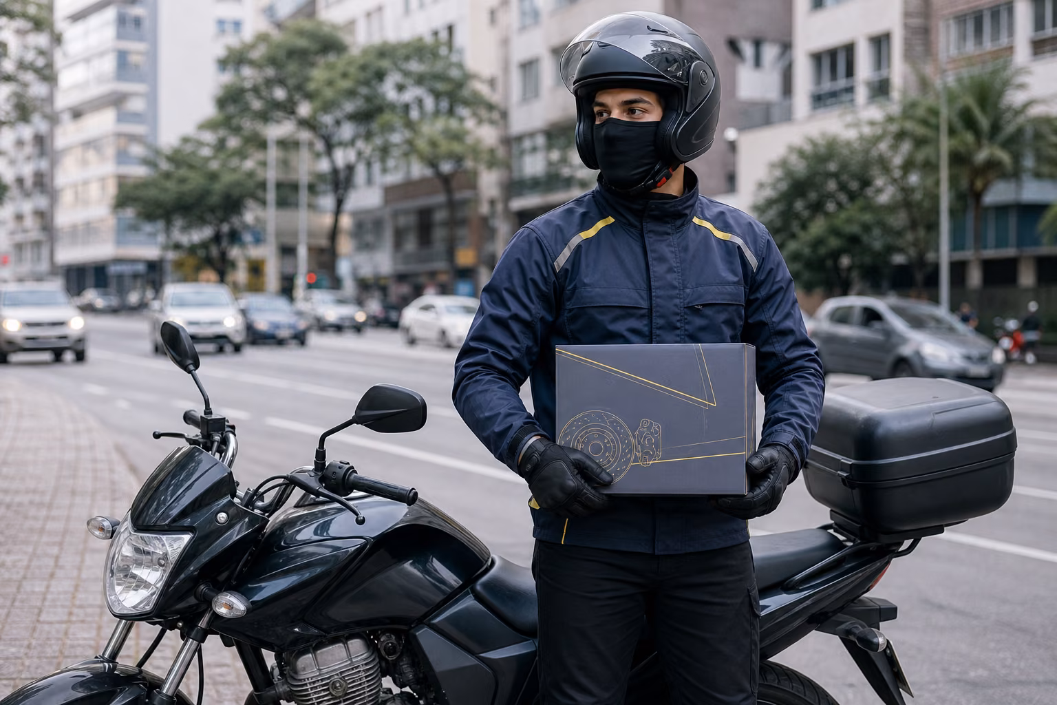 Entregador e motocicleta para entrega de autopeças